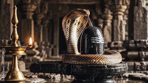 Sacred Cobra Protecting Shiva Lingam in Ancient Stone Temple With Flickering Oil Lamp Dramatic Lighting Spiritual Atmosphere