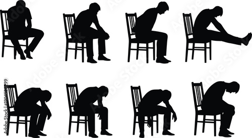 Set of tired man silhouettes sitting on wooden chair in various sad and exhausted poses, depressed lonely male figure isolated on white background vector.