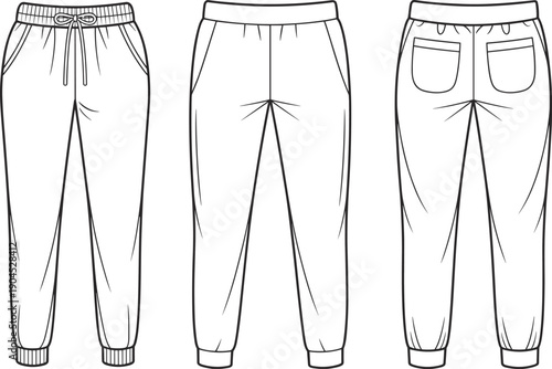 Technical flat sketch of jogger pants showing front back views with elastic waistband, drawstring, ribbed cuffs and pockets for apparel fashion design illustration