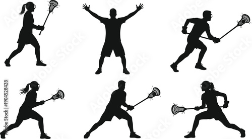 Set of lacrosse player silhouettes with men and women athletes in action poses holding sticks and playing competitive team sports on white background vector.