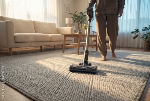 Person cleaning soft grey rug with cordless vacuum cleaner in sunny modern living room