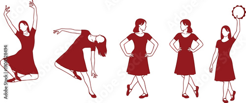 Set of graceful woman dancer silhouettes in red dresses performing various dance poses and playing tambourine isolated on white background for creative design vector.