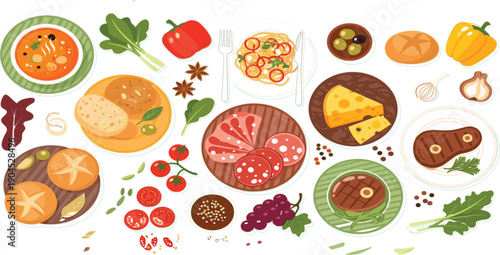 Variety of Delicious Food Dishes and Ingredients Illustration with Meat Pasta Soup Cheese Vegetables and Spices for Restaurant Menu Recipe and Culinary Design