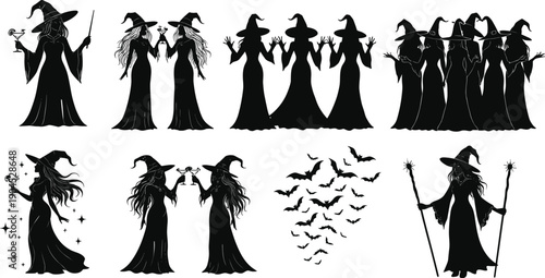 Set of elegant witch silhouettes wearing pointed hats holding martini glasses and magic wands with bats and stars isolated on white background for Halloween vector