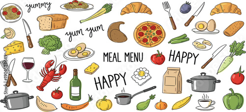 Hand Drawn Food Illustration Set with Meal Menu Elements, Cooking Ingredients, Kitchen Utensils, Happy Doodle Style, and Colorful Restaurant Concept Design