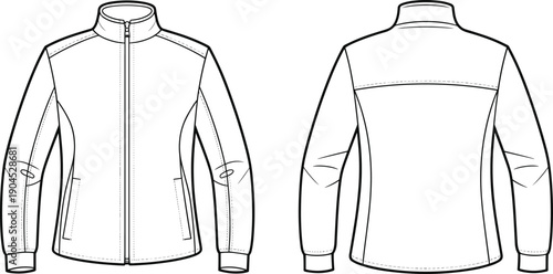 Technical jacket flat sketch showing front and back views, modern zippered outerwear design illustration for apparel manufacturing, fashion design, clothing production, and garment specification