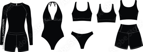 Set of black swimwear and athletic apparel silhouettes including bikini sets, one piece swimsuit, rash guard, and high waisted sports shorts on white background.