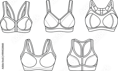 Technical line art illustrations of women sports bra designs showing multiple styles, front views, activewear lingerie fashion flats, vector clothing outlines for fitness apparel concepts