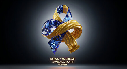 down syndrome awareness month october a captivating blue crystal and gold ribbon intertwined representing global support and understanding.