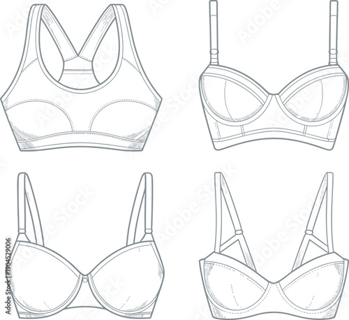 Technical lingerie bra design illustration set showing multiple front views, adjustable straps and cup structures, fashion flat sketch for women underwear apparel production