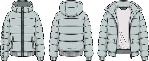 Vector illustration of modern hooded puffer jacket showing front back and open views, technical fashion flat design for winter outerwear apparel templates
