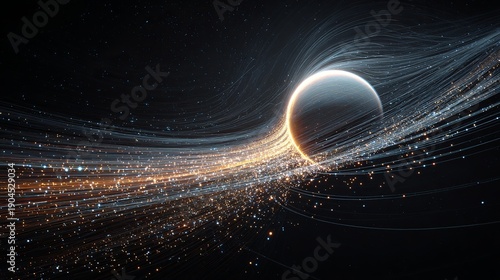 A stunning visual representation of a planet in space with vibrant streaks of light and stars