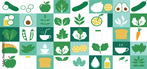 Healthy Food Flat Icon Tile Pattern with Fruits Vegetables Bread and Drinks in Green Tones for Nutrition Apps Websites Packaging and Modern Design