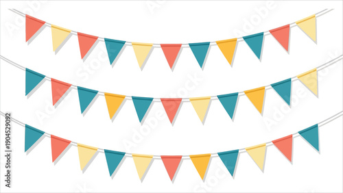 Flat Vector Bunting Flags Banner in Teal, Coral and Yellow on White Background.