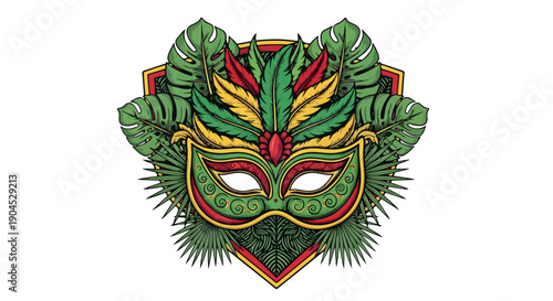 Vibrant green and colorful mask with leafy design on white background, featuring red and yellow accents, in a graphic illustration style.