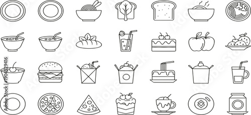 Minimal Food and Drink Line Icon Set with Meals Desserts Beverages and Snacks for Restaurant Menu Apps Websites and User Interface Design
