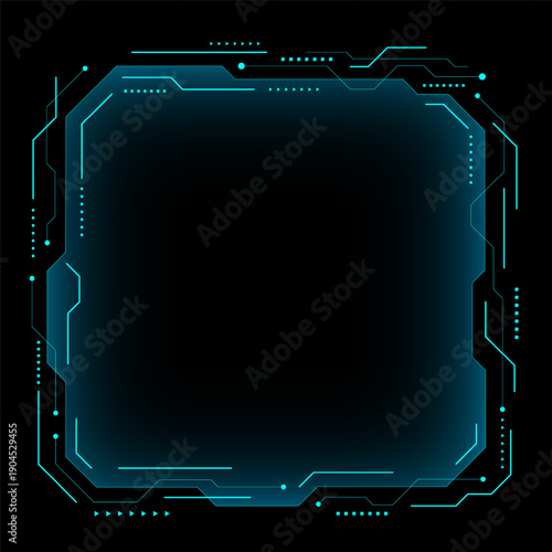 Futuristic neon blue HUD frame and digital UI interface elements on black background for sci fi gaming overlay and high tech display designs