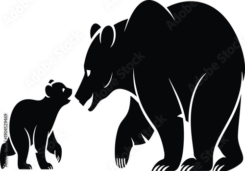Webbear silhouette, parent and cub, black and white, wildlife sketch, animal bond, silhouette artwork, nature theme, protective moment, silhouette set, 