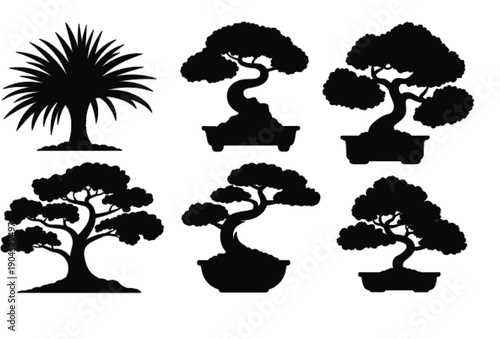 Webbonsai tree silhouette, palm silhouette, black and white, bonsai sketch, silhouette artwork, nature 
