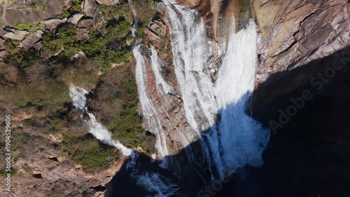 Above View Of Ezaro Waterfall (Cascada del Ézaro) In A Coruna, Galicia, Spain. Aerial Shot