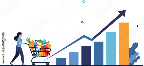 Online Shopping Sales Growth Illustration with Consumer Pushing Grocery Cart and Rising Bar Chart Arrow Representing Retail Performance, Revenue Increase, and Market Expansion