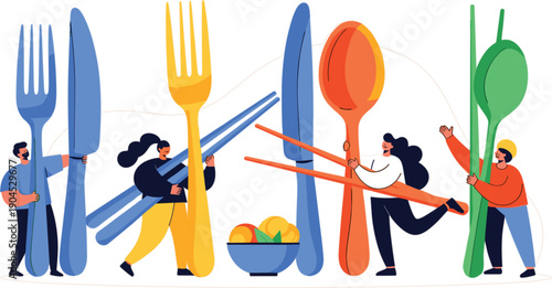 People Carrying Oversized Cutlery Illustration Representing Food Culture Teamwork and Dining Concept for Restaurant Branding Editorial Lifestyle and Creative Design