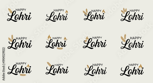 Flat lay of multiple Happy Lohri text banners with flame designs on a beige background.