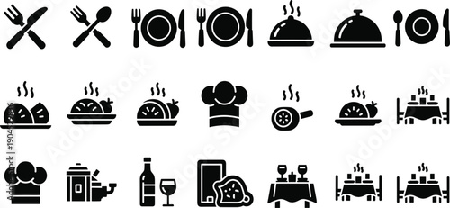 Restaurant and Food Solid Icon Set Featuring Dining Tableware, Meal Dishes, Chef Symbols, Catering Service, and Hospitality Concepts for Menu and App Design