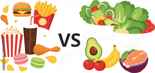 Unhealthy Fast Food Versus Healthy Fresh Food Comparison Illustration Showing Junk Snacks and Balanced Diet Choices for Nutrition Health and Lifestyle Design