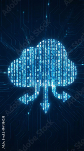 Cloud computing icon made of digital binary code on a dark blue background.