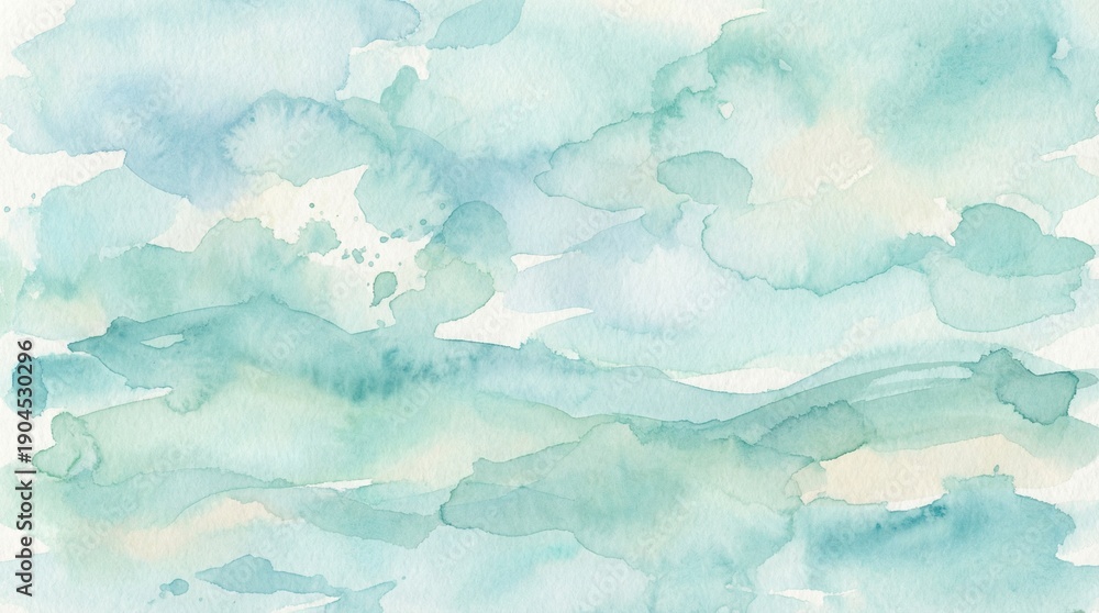 Fototapeta premium Soft and Tranquil Abstract Watercolor Background with Blended Hues of Sky Blue, Aqua, and Pale Green, Mimicking Ethereal Clouds or Gentle Water Ripples for a Calm and Serene Artistic Backdrop