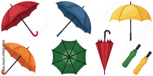 Vibrant Umbrella Array: A colorful assortment of umbrellas in various styles and hues, essential for staying dry, presented against a clean backdrop.