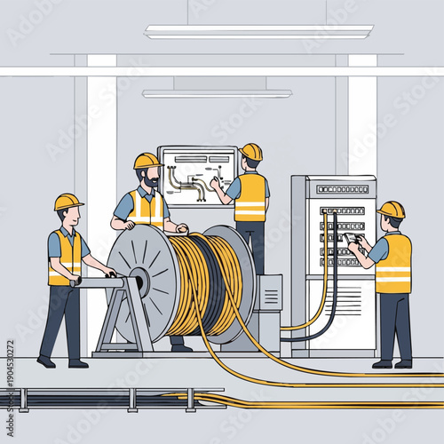 Industrial Electricians and Technicians Installing Fiber Optic or Network Cables from a Giant Spool, Working on Infrastructure Wiring