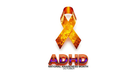 a vibrant orange and gold textured adhd national awareness month october ribbon against a clean white background symbolizing mental health awareness and neurodiversity support campaigns.