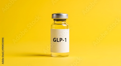 GLP-1 Medication Vial on Yellow Background – Diabetes Treatment, Weight Loss Drug Concept, Healthcare Innovation, Pharmaceutical Injection, Blood Sugar Control, Modern Medicine