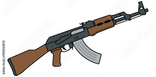 AK-47 assault rifle: A detailed illustration of the iconic AK-47 assault rifle, showcasing its design and components, an emblem of power and conflict.