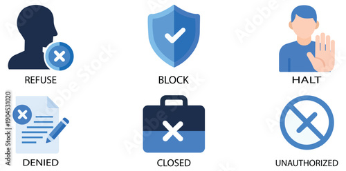Image Icons of Denial: A collection of blue-toned icons communicating messages of rejection, prohibition, and restriction, each visually representing the concept of denial.