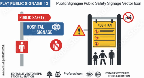 Public safety and hospital signage vector icons with warning signs and directional arrows.