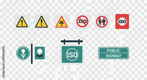A collection of various public signage icons, including warning signs, ISO symbols, and signs for dining and restrooms, set against a transparent background.