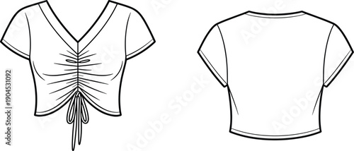 Technical flat sketch of a women's v-neck short sleeve crop top featuring a front ruched drawstring detail, fitted silhouette, and back view CAD illustration.