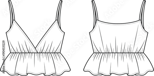 Technical flat sketch of a women's v-neck peplum camisole featuring spaghetti straps, gathered waist detail, and front and back view fashion CAD illustration.