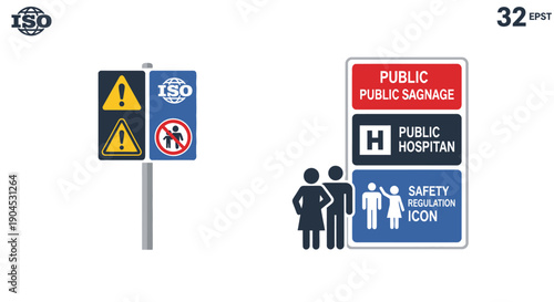 A composite image featuring various public information and safety signs, including warning, prohibition, hospital, and safety regulation icons, alongside silhouettes of people.