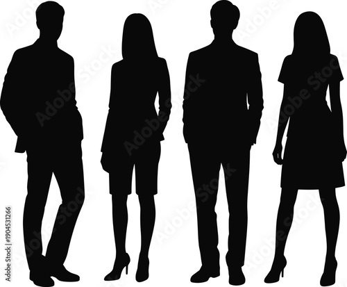 Business silhouettes of diverse professionals standing side by side, teamwork and corporate unity concept, inclusion, equality, workplace diversity, formal attire illustration