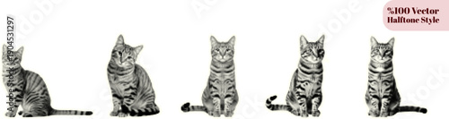 Halftone style vector illustration of five sitting tabby cats in various poses monochrome design detailed striped fur pattern isolated on white background