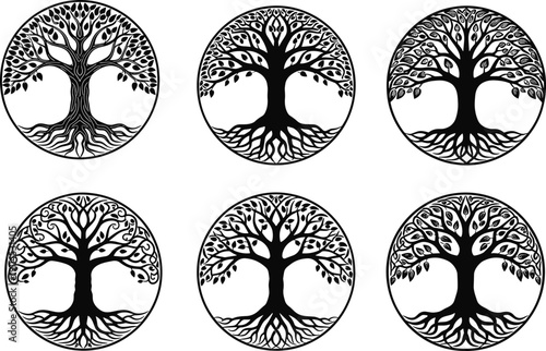 Collection of stylized Tree of Life circular illustrations, symmetrical roots and branches, cultural symbol design, growth, connection, continuity, nature and spirituality art