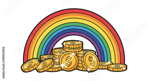 Rainbow with Gold Coins Isolated on White Background