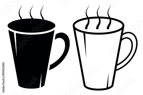 Cup of coffee and tea icon. Black or white silhouette cup isolated on white background. linear illustration, logo for coffee shop, hand drawn artwork