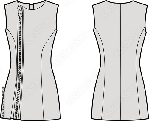 Technical flat sketch of a women's sleeveless mini dress featuring an asymmetrical front chunky zipper detail, princess seams, and back view CAD illustration.