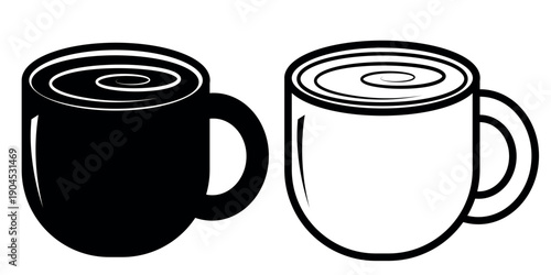 Cup of coffee and tea icon. Black or white silhouette cup isolated on white background. linear illustration, logo for coffee shop, hand drawn artwork