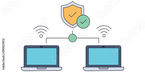 Cybersecurity Network: A visual depiction of network security, with a shield and checkmark symbolizing protection. The illustration shows a secure connection between two laptops.